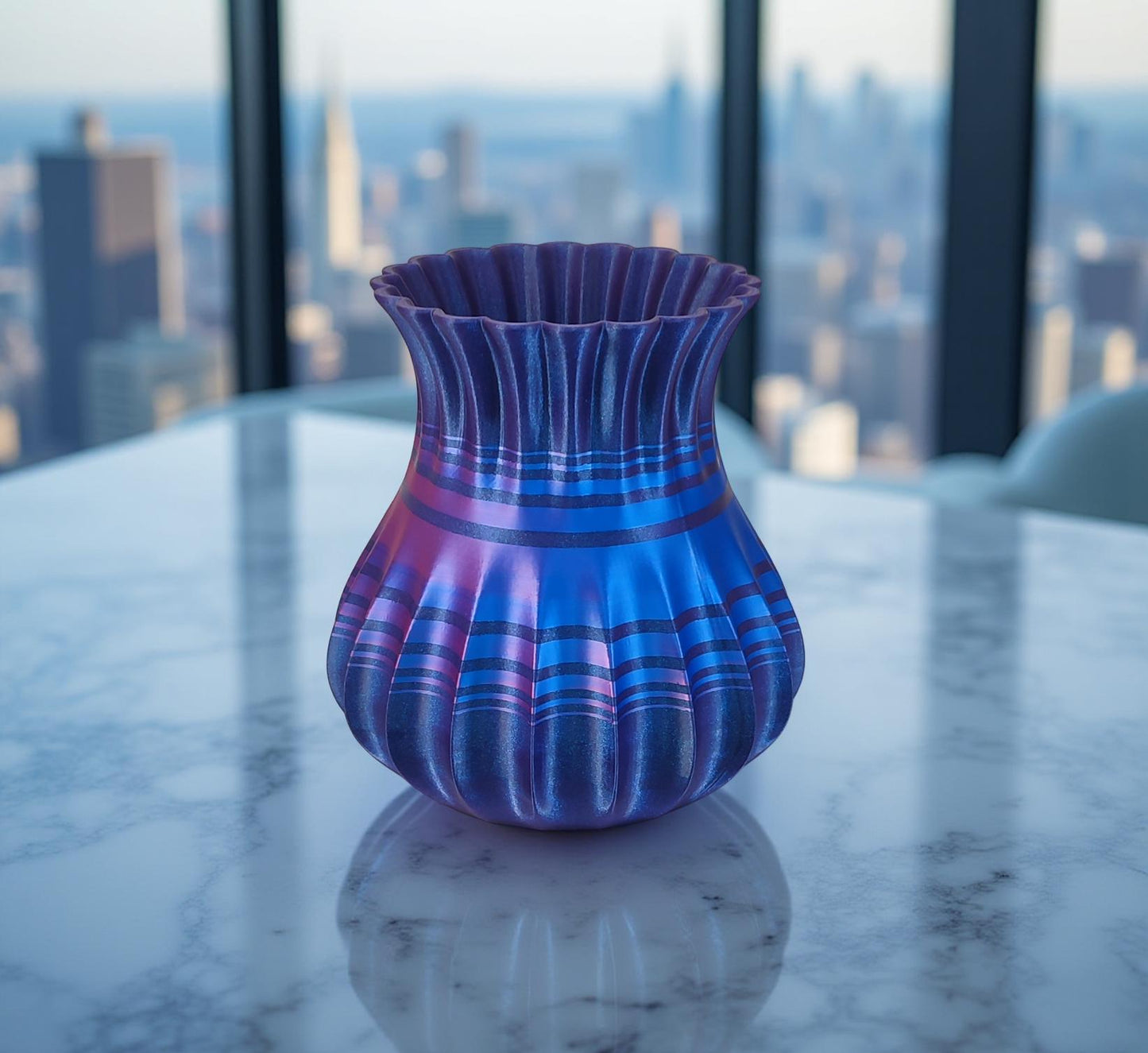 Modern, roomy, whimsical vase with variable color stripes.