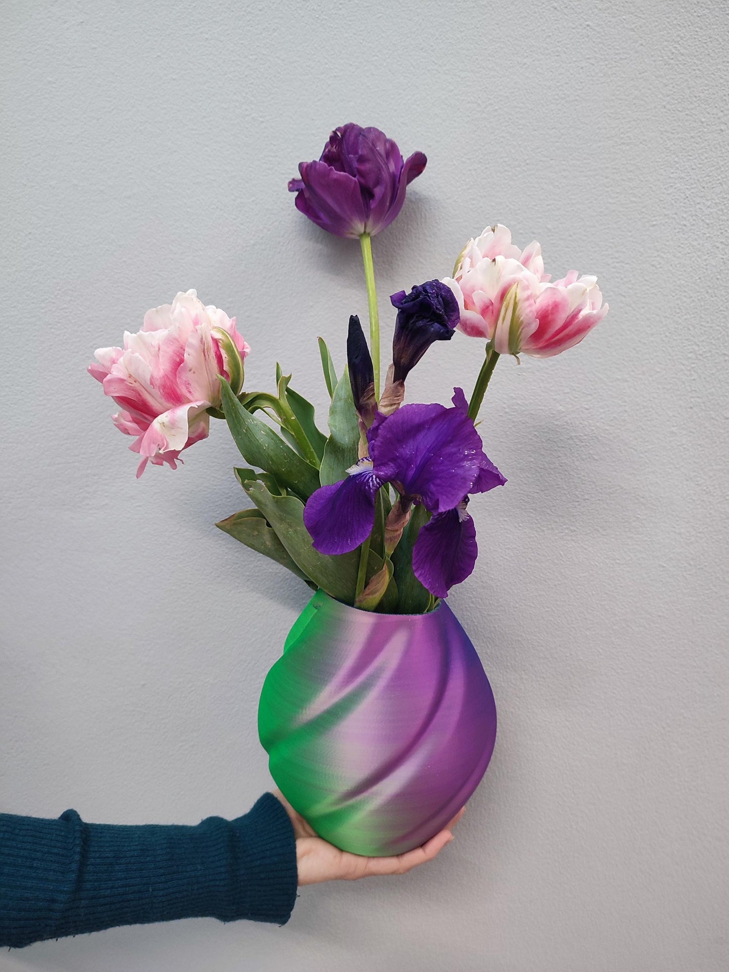 Modern, roomy, whimsical, green, blue and purple vase.