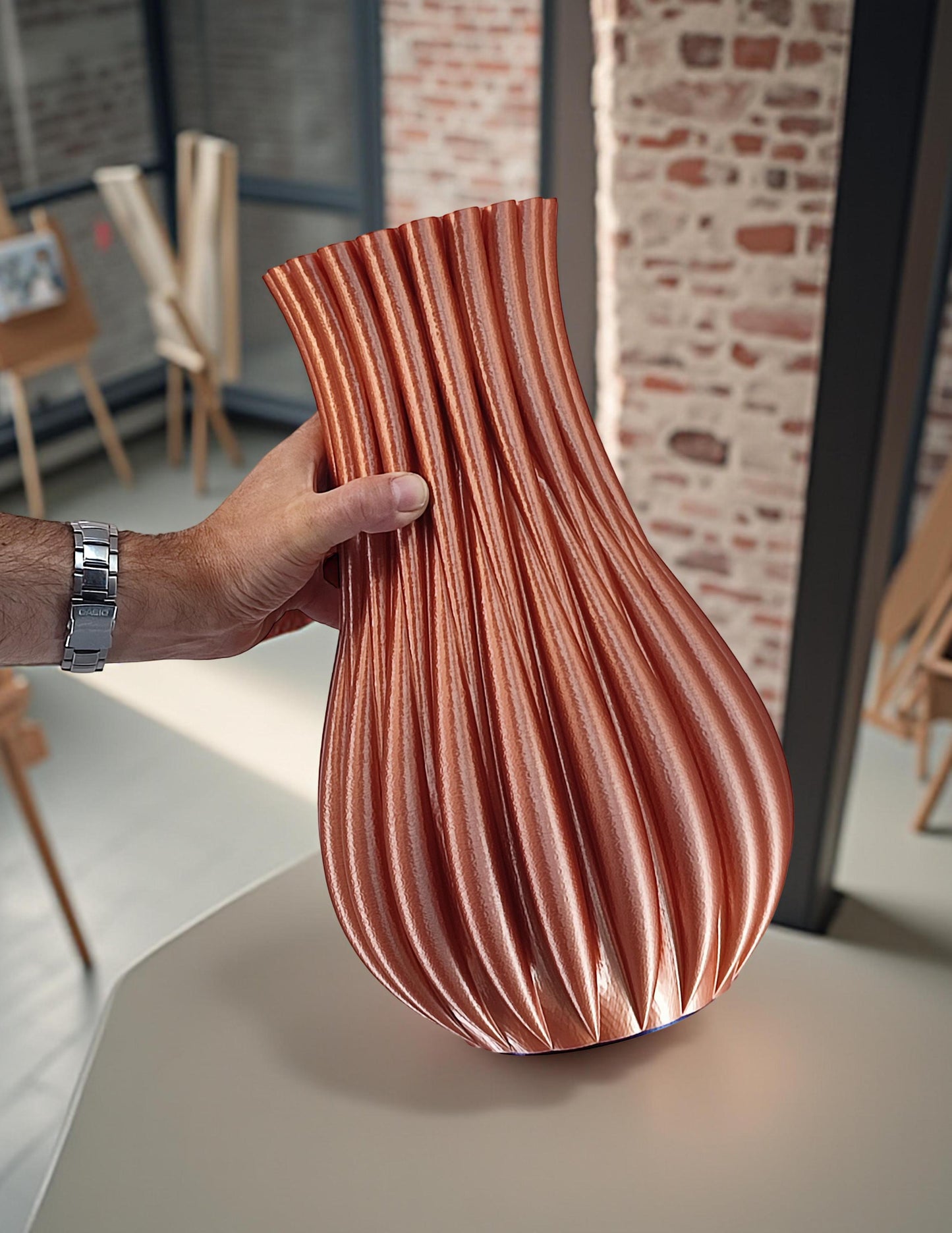 Modern, large and tall vase, copper colored.