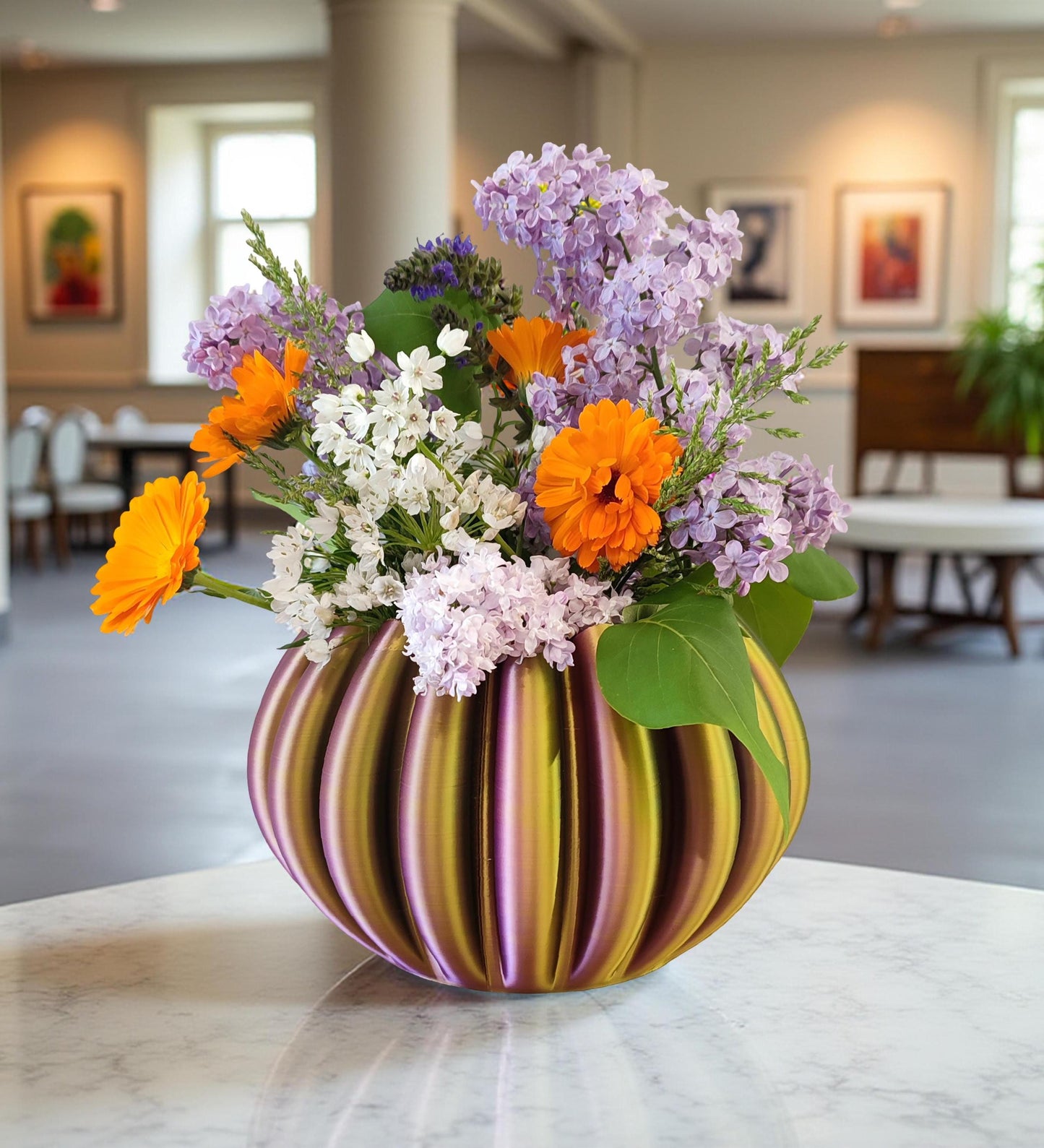 Modern, roomy, multi-coloured vase with gradual gold, purple, green, blue shading