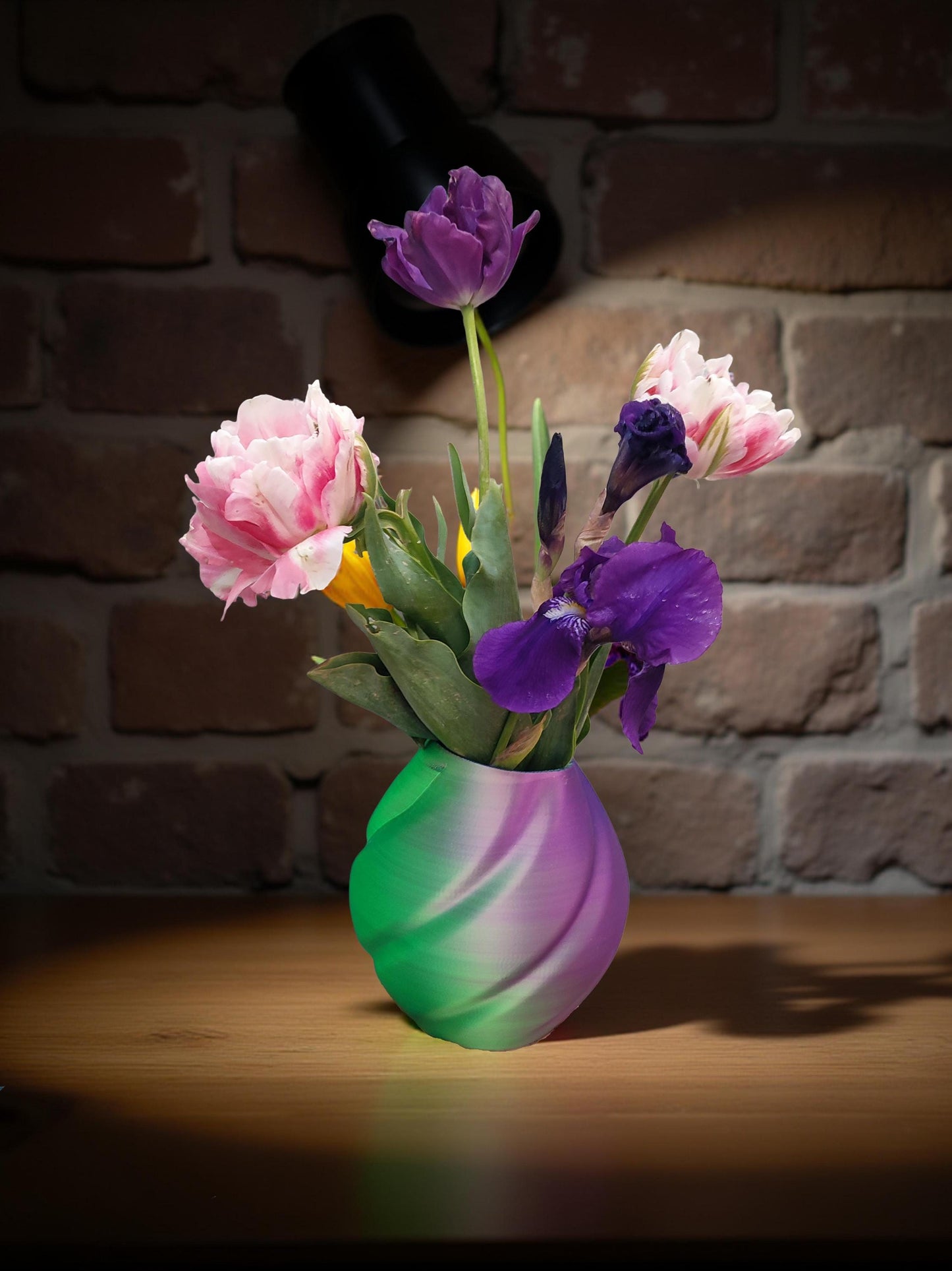 Modern, roomy, whimsical, green, blue and purple vase.