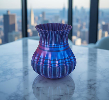 Modern, roomy, whimsical vase with variable color stripes.