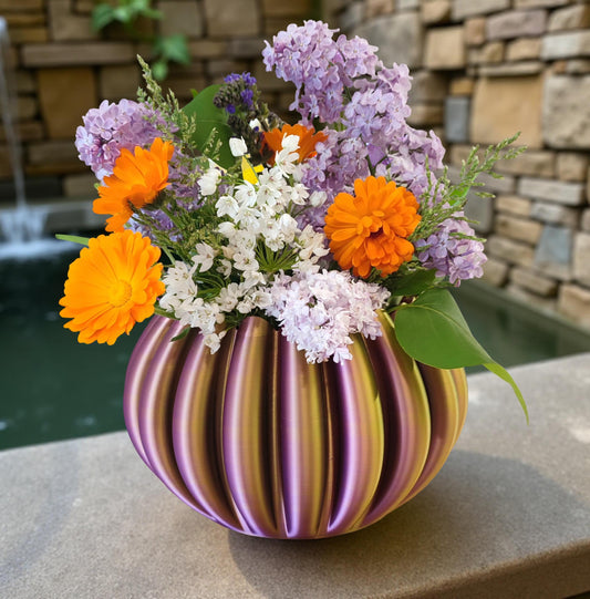 Modern, roomy, multi-coloured vase with gradual gold, purple, green, blue shading
